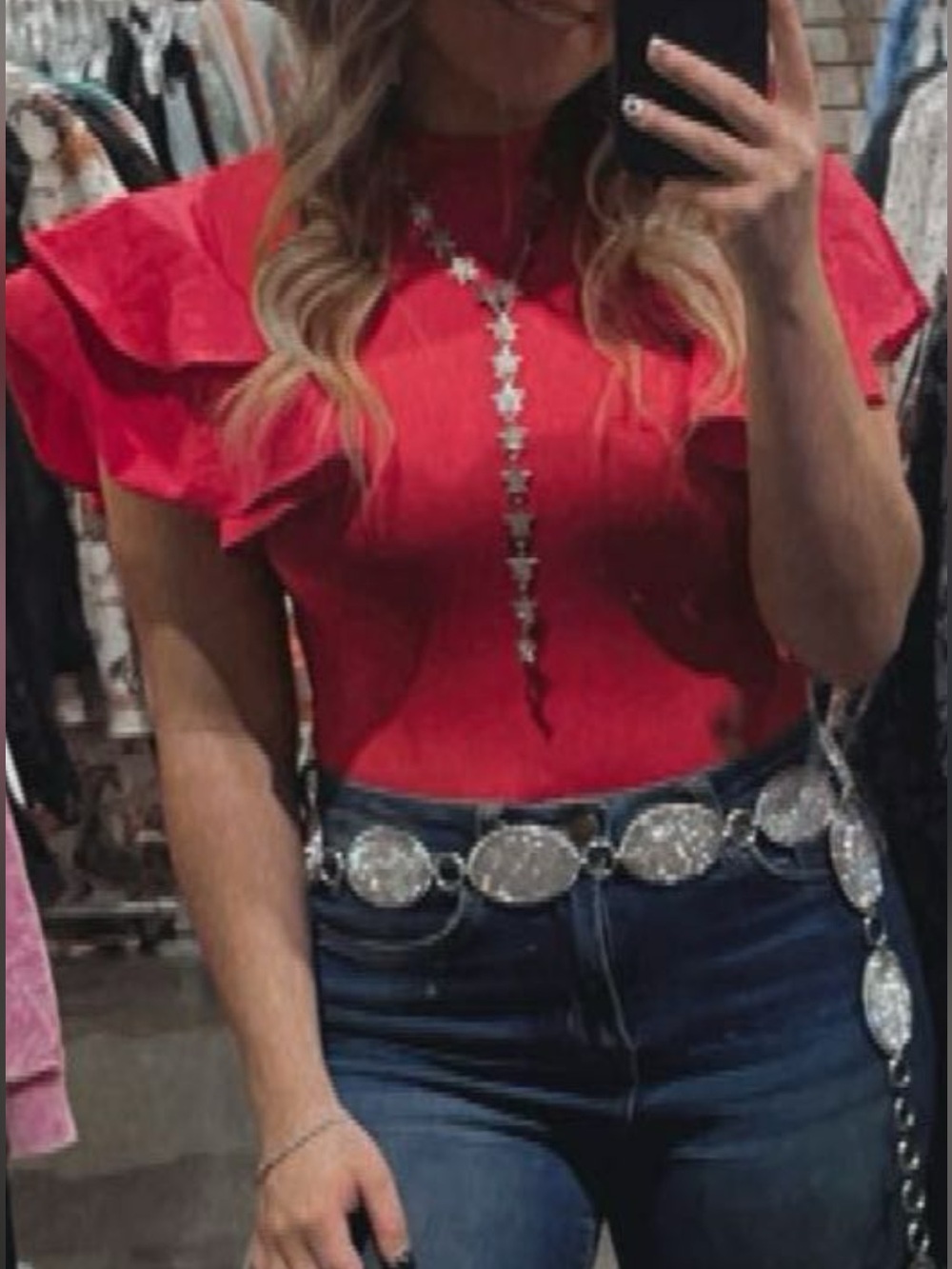 Cavenders red body suit with ruffle sleeves
